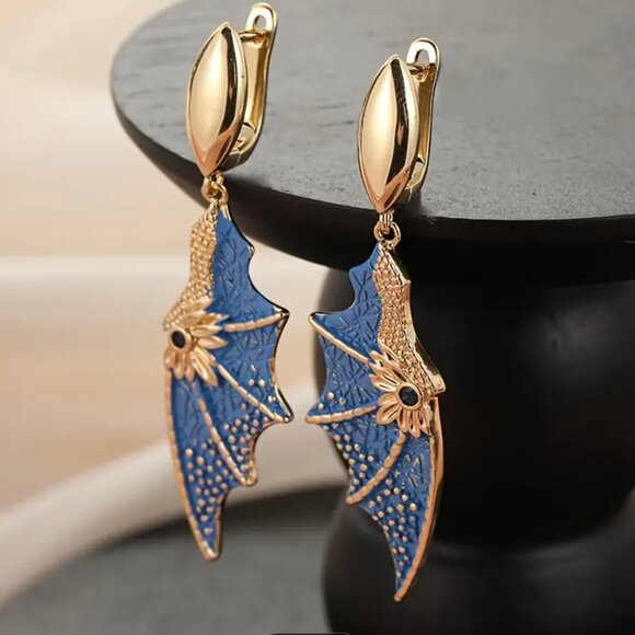 Dragon Wing Earrings Goldtone Blue 18K Gold Plate 108A3 - Picture 4 of 6